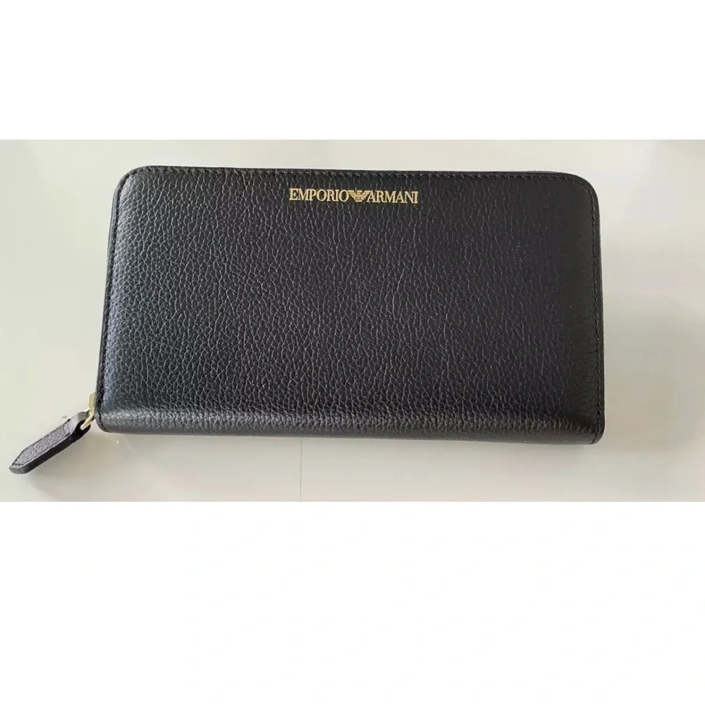 Emporio Armani Black Leather Zip Around Wallet Unisex Cervo Pebbled Organizer